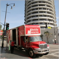 A NorthStar Moving red truck outside the Avalon in Hollywood